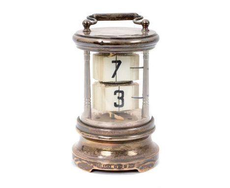 Unusual Edwardian silver cased 'Ticket-Clock' timepiece in cylindrical glazed case with hallmarks for Birmingham 1904 16.5cm 