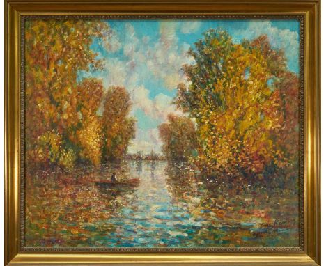 *Tom Keating (1917-1984) oil on canvas - The Boating Lake, after Monet, 65cm x 76cm, in gilt frame
