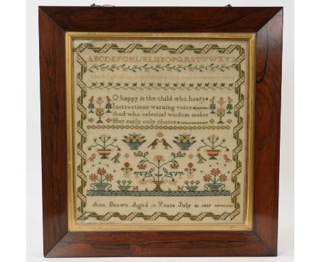 Early Victorian rosewood framed sampler by Ann Brown, aged 12, 1839, with poignant text, glazed frame, total size 47 x 45cm