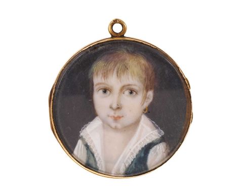 18th century portrait miniature of a child with memorial lock of hair set within a gold mount. The glazed pendent mount with 