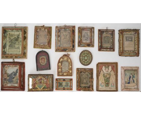 Collection of fifteen antique Portuguese votive shadow boxes, bought in Lisbon in the 1950s, various sizes, the glazed boxes 