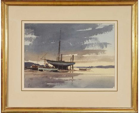 *Edward Seago (1910-1974) watercolour - ‘Yacht on the Stocks’, signed, 26.5cm x 37cm, in glazed gilt frame, labels and estate