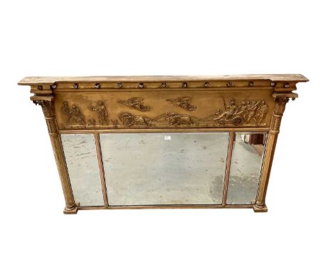 Regency gilt framed over mantel mirror, with ball moulded cornice and classical relief frieze, three bevelled plates between 