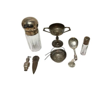 Selection of miscellaneous silver, including a silver topped scent bottle by Sampson Mordan, a silver topped cut glass bottle