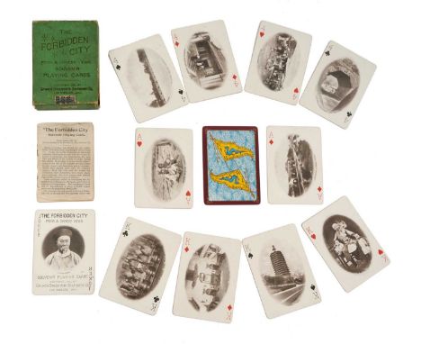 Complete deck of 53 Boxer Rebellion themed playing cards - 'The Forbidden City' by Grimes-Stassforth Stationery Company, 1901