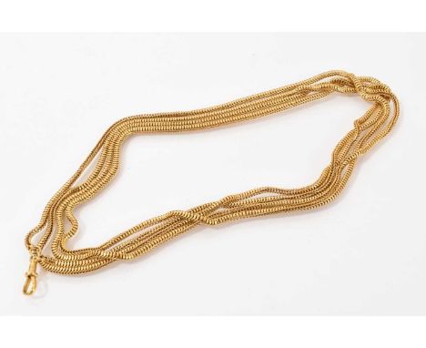 Victorian yellow metal snake link guard chain, applied plaque ’9’, approximately 154cm longWeight 36.2 grams. Overall in good