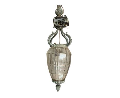 Large bronze and glass lantern, total height 77cmGood condition overall and ready to be hung. The glass is undamaged and apar