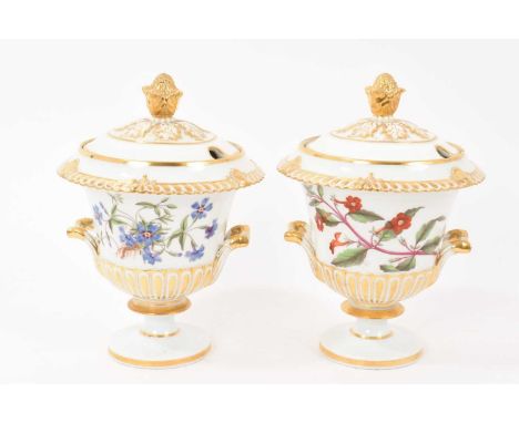 Pair of early 19th century Chamberlains Worcester porcelain tureens and covers, of urn-shaped form, finely painted with botan