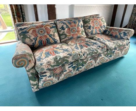 Good country house type settee, with Chinese dragon upholstery, approximately 223cm wide.
