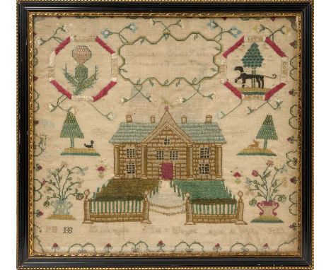 Early 19th century Scottish sampler, with central country house and various scattered motifs including thistle, indistinctly 