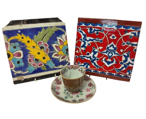 18th century Chinese Batavian ware famille rose high-sided porcelain tea bowl and saucer, together with two Persian tilesThe 