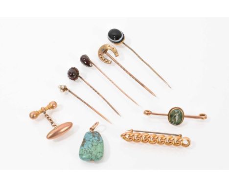 Group of five antique stick pins to include a seed pearl three leaf clover, banded agate cabochon, horseshoe and two garnets,