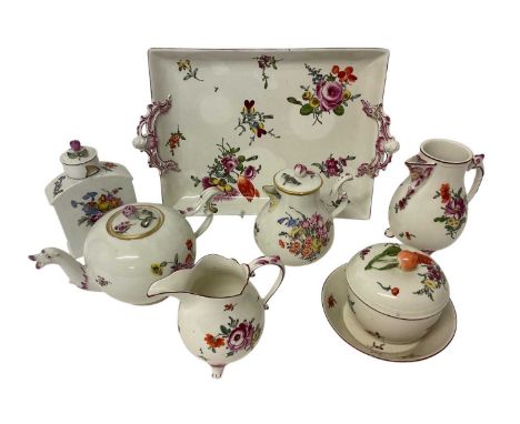 18th century continental porcelain teaset on tray, polychrome painted with flowers some pieces with Ludwigsburg marks, compri