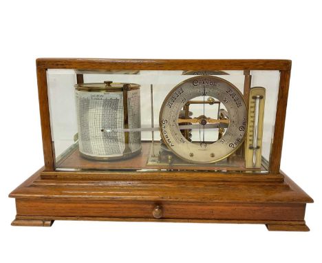 Edwardian Stormograph with silvered barometer dial in glazed oak case with drawer 36cm wideIn good cosmetic original order, c