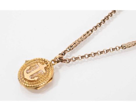 Victorian gold oval locket with rope twist decoration and applied anchor, on yellow metal fancy link chain, 41.5cm long Total