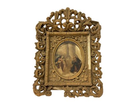 17th century Italian school, oil on alabaster - The annunciation, oval, 17 x 13cm, with Florentine type gilt frame, possibly 