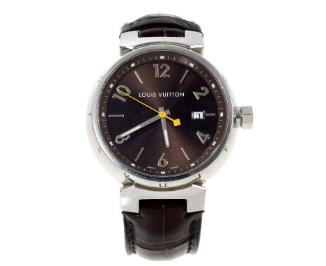 Louis Vuitton Tambour wristwatch with a circular brown dial, applied Arabic numerals and baton markers, luminous hands and do