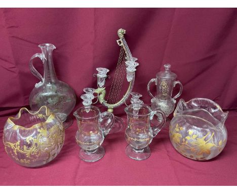 Group of 18th/19th century continental glassware with gilt decoration, together with an unusual harp-form candelabrum (7)One 
