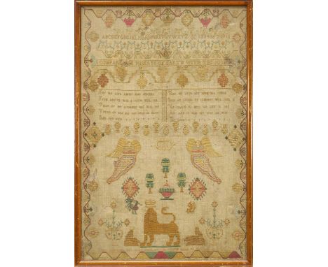 Early 19th century sampler, worked with angels, a lion, religious and didactic verses, indistinctly signed and dated, glazed 
