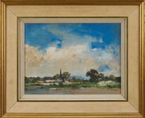 John Burman (b.1936) oil on board - Landscape at Holbrook, signed, 28cm x 38cm, in glazed gilt frame