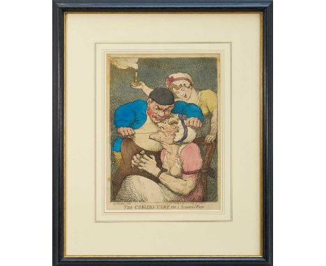 Thomas Rowlandson (1756-1827) hand coloured etching - 'The Cobblers Cure for a Scolding Wife', published Aug. 4th 1809 by Tho