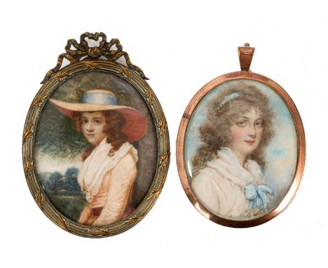 Late 18th century portrait miniature on ivory in the manner of George Engleheart, oval, 6 x 5cm, glazed gilt frame with silk 