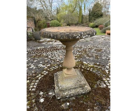 Antique style garden bird bath, on baluster column and square stepped base, 81cm high overall