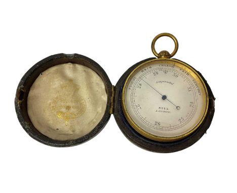 Late Victorian pocket barometer by Ross, London in gilt brass circular case in original leather outer case