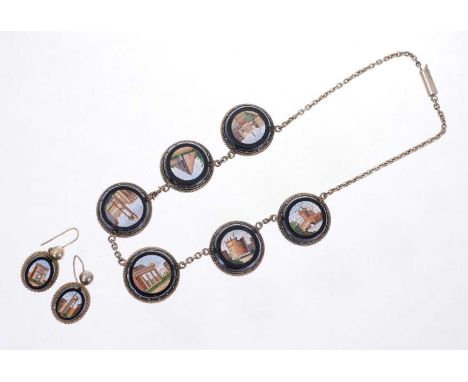 19th century Italian micro-mosaic necklace composed of six circular micro-mosaic panels depicting classical Roman temples and