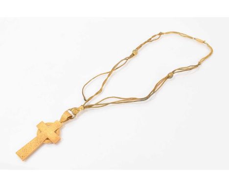 Victorian yellow metal Celtic cross pendant with engraved decoration and dated verso '16th of March 1881', 6.5cm long, on a g