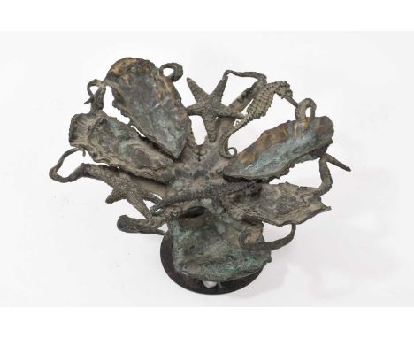Contemporary bronze oyster and sea life themed sculptural dish, one seahorse detached, 25cm diameter 