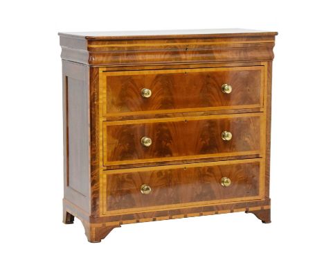 Victorian mahogany-veneered 'Scotch' chest, the moulded top with frieze drawer over three long drawers, each with turned bras