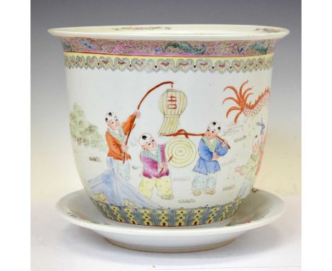 20th century Chinese Canton Famille Rose porcelain jardinière or planter and stand, the former decorated with children perfor