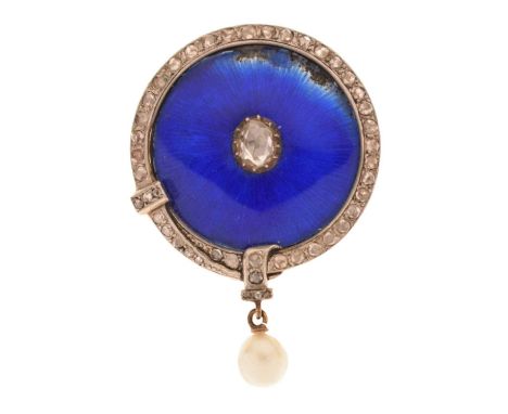 19th century diamond, pearl and enamel brooch, centrally set a rose cut diamond on a circular blue guilloche enamel panel wit
