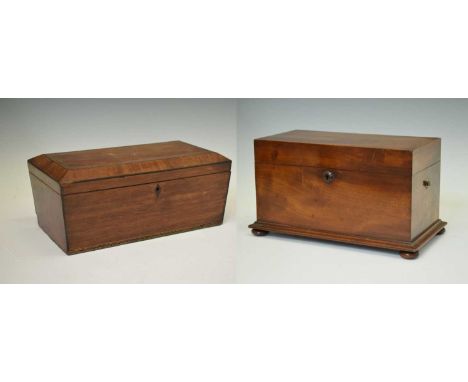 Mid 19th century mahogany tea caddy, the interior fitted with two canister, raised on bun feet, together with a mahogany sarc