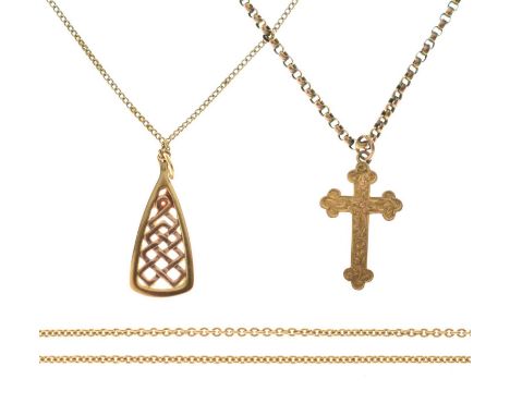 Edwardian 9ct gold cross pendant having foliate engraved decoration on a belcher link chain, a 9ct yellow and rose gold Celti