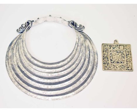 Chinese Miao culture tribal white metal necklace, the seven crescent-shaped panels each decorated with the twelve Chinese zod