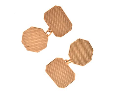 Pair of 9ct gold cufflinks, of octagonal and canted rectangular engine-turned design, Chester 1973, 5.6g approx