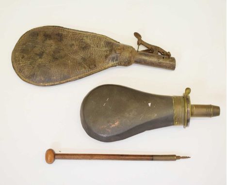 Copper and brass power flask marked 'Sykes Patent', spring working, together with a leather shot-flask and a pistol size clea