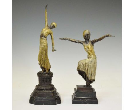 After Demétre Chiparus (1886-1947) - Pair of Art Deco style bronze dancers, both 'signed' and raised on black marble step bas