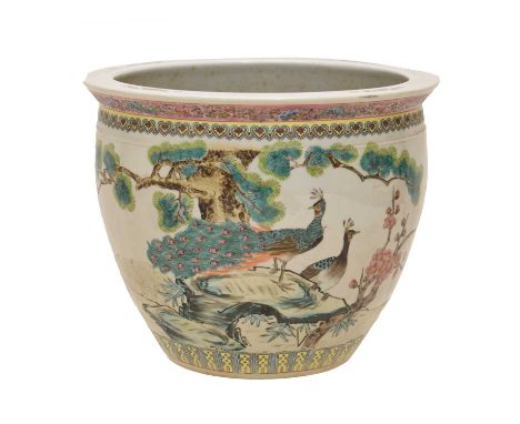 Chinese Famille Rose porcelain fish bowl or planter, of shouldered form with everted rim, painted with peacocks amidst pine t