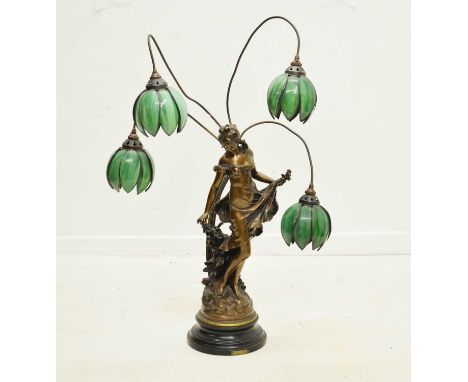 Art Nouveau design table lamp of a bronzed female figure after Auguste Moreau with four marbled green glass shades, base with