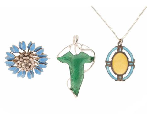 Three enamel-decorated items of jewellery comprising a stylised flower brooch having blue enamelled petals, an early 20th cen
