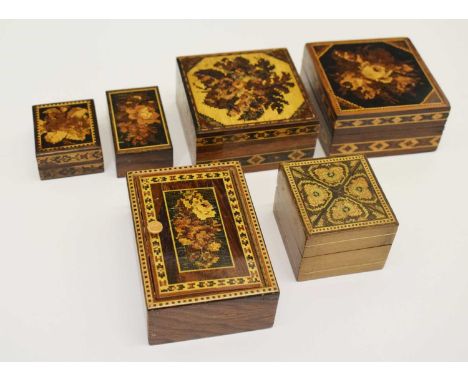 Six 19th century floral Tunbridge ware trinket boxes, and stamp boxes, 7cm x 7cm and smaller (6)