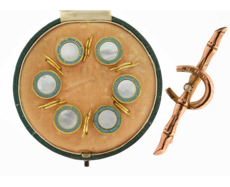 Set of six gilt metal, mother-of-pearl and enamel decorated waistcoat buttons, in a fitted case; together with a late Victori