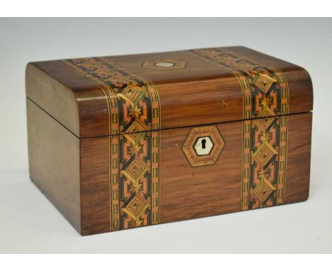 Late Victorian marquetry sewing box, with mother-of-peal vacant cartouche to the hinged lid and mother-of-pearl escutcheon, 2