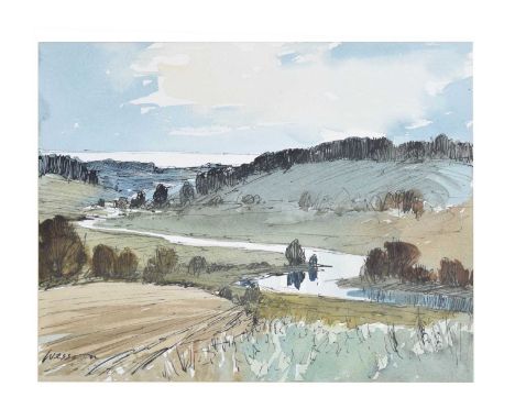 Edward Wesson (1910-1983) - Watercolour - 'The Arun at North Stoke', signed lower left, 20.5cm x 29cm, in gilt frame under gl