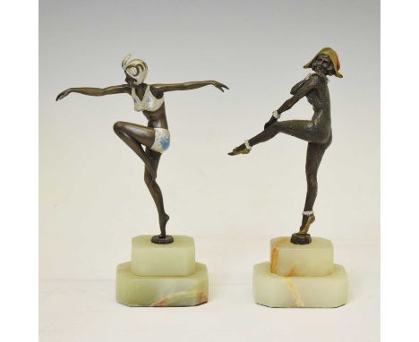 Pair of Art Deco revival bronze dancer figures, in the style of Joseph Lorenzl and Demitri Chiparus , each mounted on green o