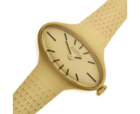 Roamer - Lady's 18ct gold bracelet watch, the oval gilt dial with applied black baton hour markers, signed crown and case bac