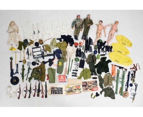 Four Palitoy / Hasbro Action Man figures, together with a quantity of related accessories to include; inflatable life raft, b